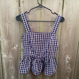 Blanque Blue Gingham Peplum Tank Smocked Back Picnic Top Medium